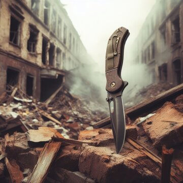 soldier knife  in the middle of a destroyed building