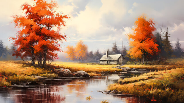 Autumn Landscape Illustration.  Generated Image.  A digital illustration of a painting of an autumn landscape of a farmhouse and a stream.