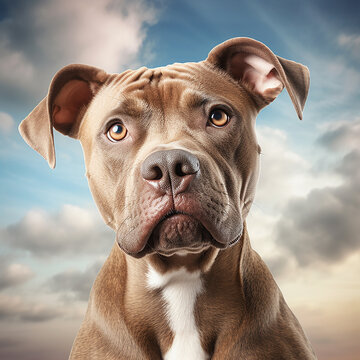 ai generated illustration of American Staffordshire dog closeup portrait on cloudy sky