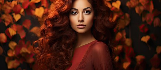 A young Indian woman with a beautiful face and red hair poses for a portrait exuding autumn vibes showcasing her fashion forward style and exuding a sexy yet elegant beauty that captivates p - obrazy, fototapety, plakaty