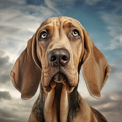 ai generated illustration of bloodhound dog closeup portrait on cloudy sky - obrazy, fototapety, plakaty