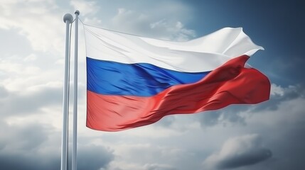 Russian flag waving in the wind on blue sky background with sun flare. Big Flag of the Russian Federation on a sunny beautiful bright summer day. Russia flag waving in the wind. .