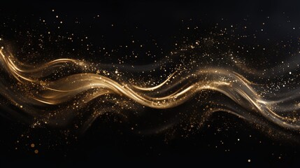 Wavy gold and glitter sparks on a black background, ai generative - obrazy, fototapety, plakaty