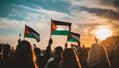 A crowd of Palestinians holding Palestine flags celebrate Freedom Ai Generated