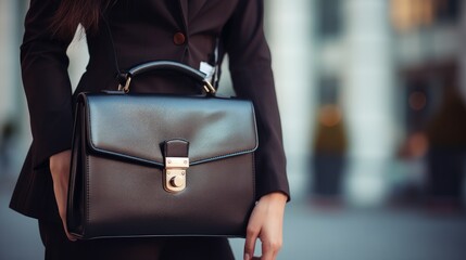  a woman in a black suit holding a black purse with a lock on it.  generative ai - Powered by Adobe