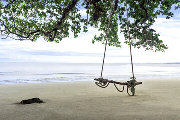 Rope swing on the wonderful beach. Sea scape view.