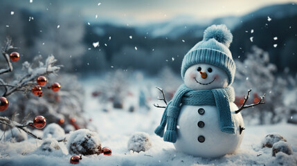 Merry christmas and happy new year greeting card with copy-space.Happy snowman standing in christmas landscape.Snow background