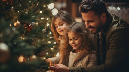 Obraz na płótnie Canvas Christmas celebration. happy family, father and kids looking at decorated Xmas tree 