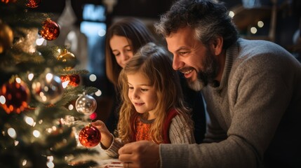 Obraz na płótnie Canvas Christmas tree decoration, Father and kids at home, Xmas celebration for the family 