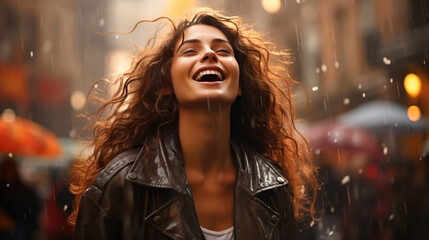 Happy woman enjoying rain in city