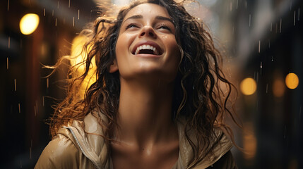 Happy woman enjoying rain in city