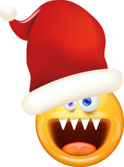 Santa Smiling Face with monster mouth and eyes isolated on white background. Yellow monster santa smiley face character with santa hat. Merry Christmas concept illustration, sticker, print and icon