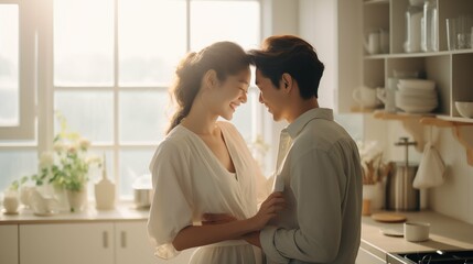 Couple in kitchen, happy and romantic lover in soft light style