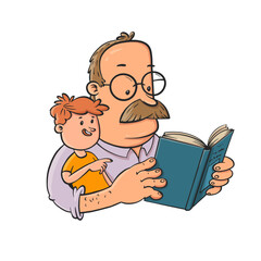 Vector Cartoon of Grandfather and Grandson Reading Together