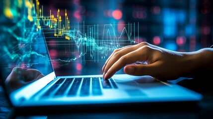 Financial Expert Analyzing Stock Market Trends: Close-Up of a Person's Hand Operating a Laptop, Displaying Graphs and Charts