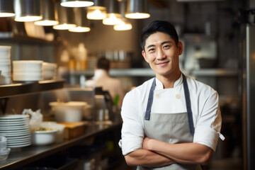 Fototapeta na wymiar Portrait of confident Asian chef standing with arms crossed and looking at camera