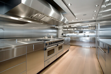 professional modern sleek kitchen in stainless steel in background of minimalist restaurant. Work...