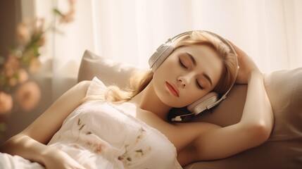 Obraz na płótnie Canvas Woman lay on sofa wear headphone, relax in cozy room