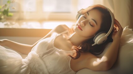 Naklejka premium Woman lay on sofa wear headphone, relax in cozy room
