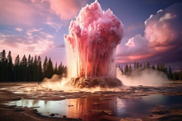 Geyser eruption in a national park pink clouds - obrazy, fototapety, plakaty