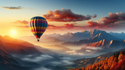 Colorful hot air balloons flying over mountain in Asia