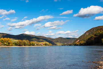 Wachau Valley and Danube River, Austria in autumn, coloured leaves and vineyards on a sunny day