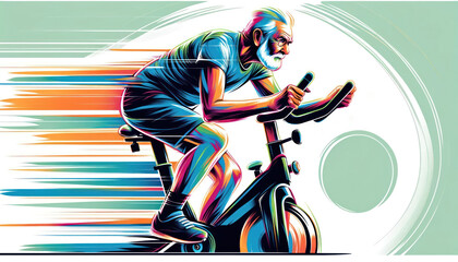 Stylized illustration of a senior engaging in spinning, with vibrant, abstract elements emphasizing motion and energy.
 - obrazy, fototapety, plakaty