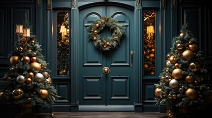 Fototapeta premium Fir Christmas wreath on door closeup