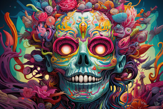 Death, skull trippy design surreal creepy illustration