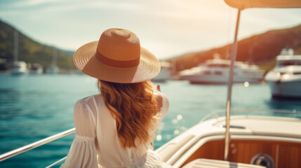 Beautiful young woman in hat and white dress relaxing on luxury yacht