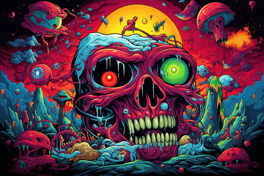 Skull acid surreal creepy illustration, death in trippy design style