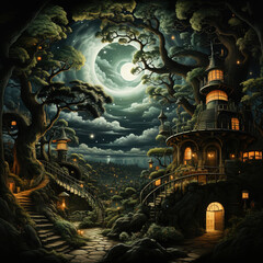 Fototapeta premium Enchanted Treehouse Aglow Under a Celestial Moonlit Sky