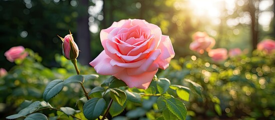 Obraz premium The delicate pink rose petals blossom amidst the lush green flora creating a beautiful macro view of nature s exquisite and fresh display