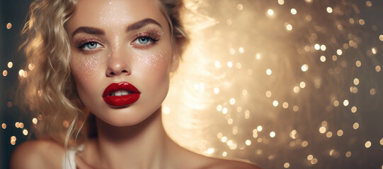 Portraite closeup of a young woman with bright red painted lips, golden sparkles and glitter on  her face with bokeh background. Creative makeup and luxury style. AI Generated - obrazy, fototapety, plakaty