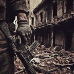 soldiers in the middle of a destroyed building. war background