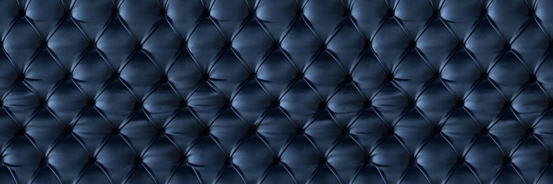Abstract dark blue retro vintage sofa textile fabric texture background  - Upholstered velours velvet furniture in the classic style of stiching rhombus with button, diamond quilted, seamless pattern