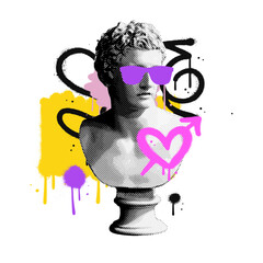 Halftone collage in contemporary punk grunge style. Modern poster with dotted ancient statue with spray paint brush strokes. Urban graffiti Concept of rebel, protest, anti establishment. Vector. © LanaSham