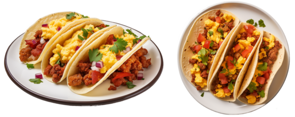 Breakfast tacos with chorizo and scrambled eggs isolated on white background, food bundle