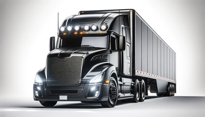 Big black truck with trailer on white background. Concept of freight transportation