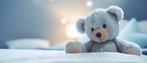 A teddy bear is sitting on a cozy bed - obrazy, fototapety, plakaty