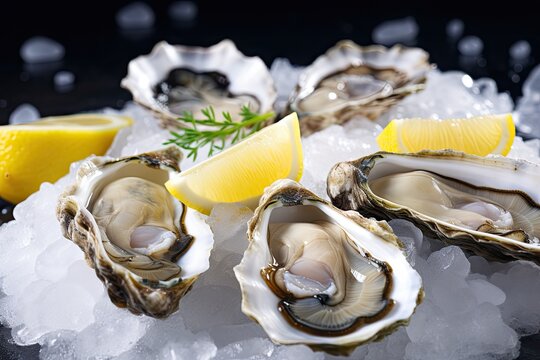 a bunch of oysters on ice with lemon wedges.  generative ai