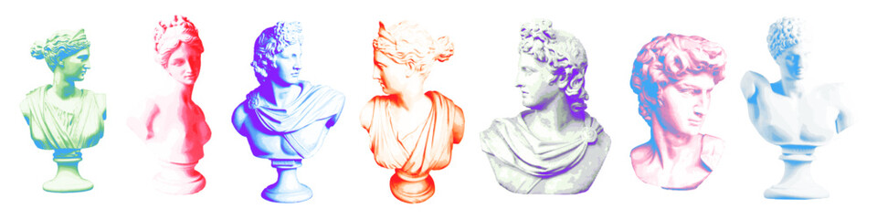 Set of halftone antique statue busts of in 90s retro collage style of the Renaissance. Duotone riso Vector illustration. Set of two colored stickers in vintage funky style. - obrazy, fototapety, plakaty