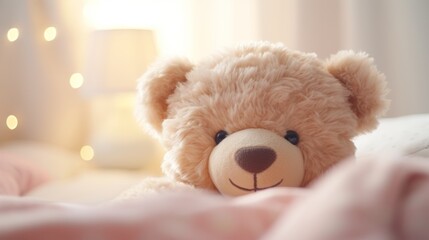 A teddy bear is sitting on a cozy bed