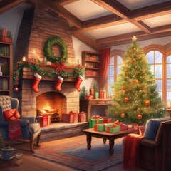 Fototapeta na wymiar Cozy room with panoramic windows, fireplace and decorated Christmas tree