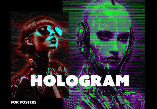 Cyber Hologram Poster Photo Effect Mockup With Generative AI Preview
