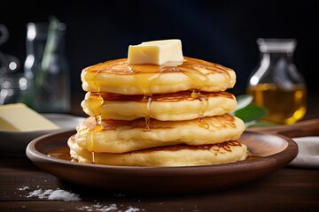  a stack of pancakes with butter and syrup on a plate.  generative ai