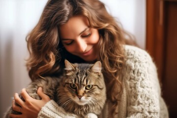 Woman Petting Her Beloved Cat, Expressing Affection and Companionship, Gentle and Heartwarming