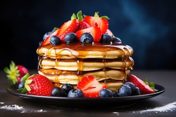  a stack of pancakes with syrup and berries on a plate.  generative ai - obrazy, fototapety, plakaty