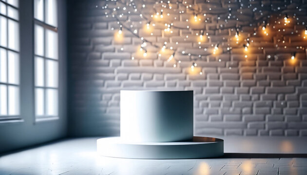 Białe, minimalistyczne podium produktowe  z lampkami w pomieszczeniu na tle białej ceglanej ściany