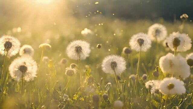 peaceful meadow, dandelions shown releasing their seeds into air, creating magical scene flying fluff.